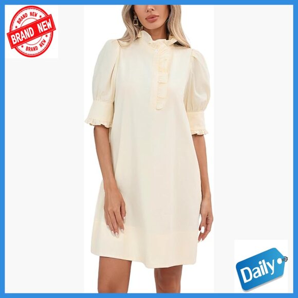 Cotton Mini Dress with Puff Sleeves Ruffle Collar Hidden Pockets Casual